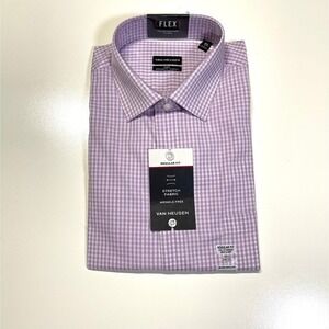 Van Heusen Dress Shirt Flex Regular Fit Gingham Purple Lilac 16.5 34/35 L NEW